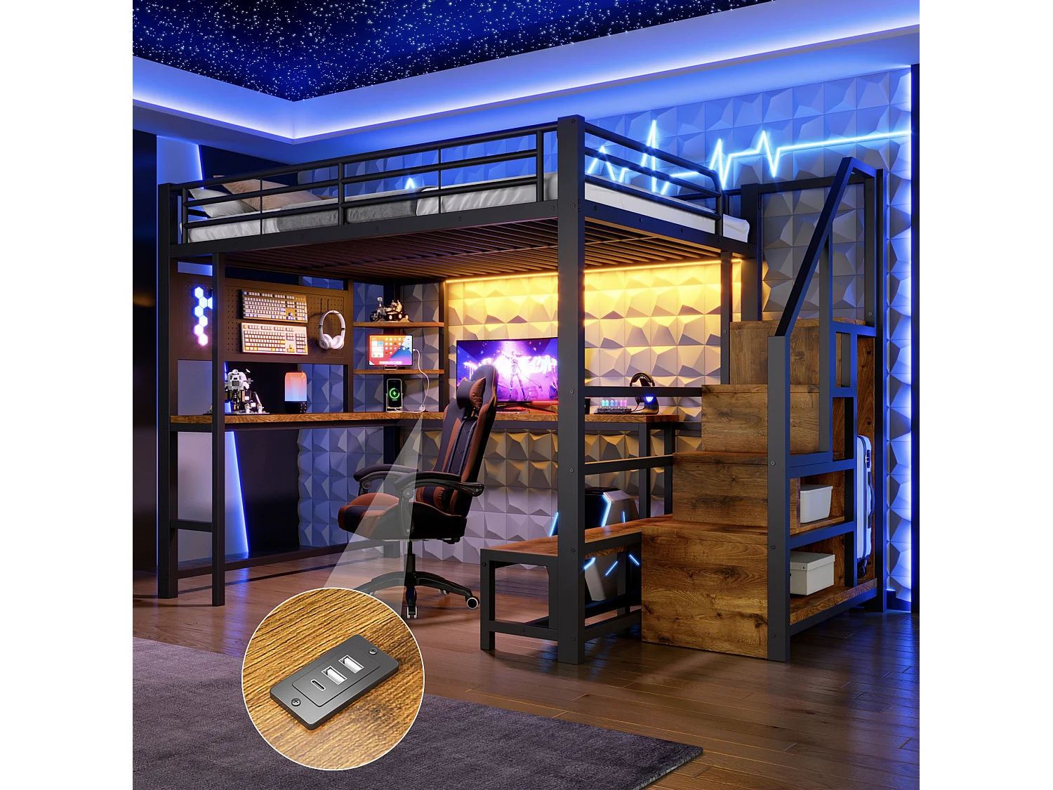 Cama alta 140x200 cm de metal y MDF negro con escritorio, espacios de almacenamiento, LED y puertos USB y Type‑C, sin colchón