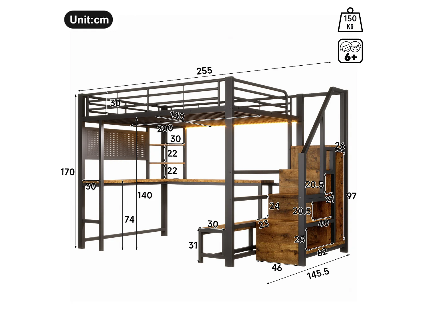 Cama alta 140x200 cm de metal y MDF negro con escritorio, espacios de almacenamiento, LED y puertos USB y Type‑C, sin colchón