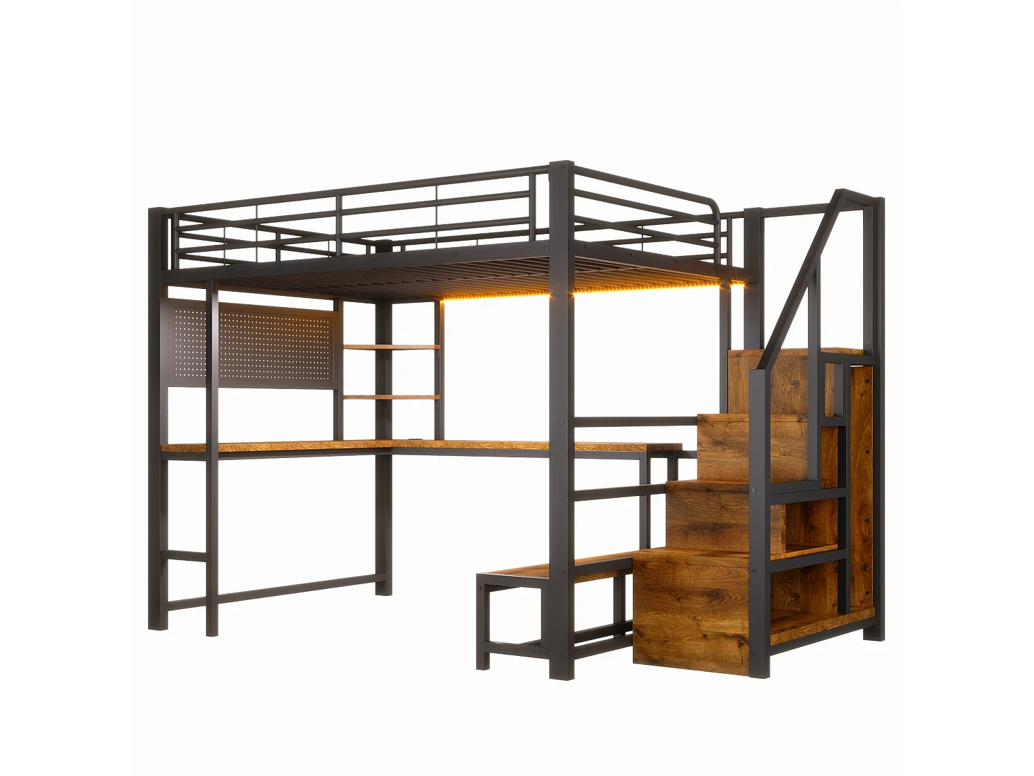 Cama alta 140x200 cm de metal y MDF negro con escritorio, espacios de almacenamiento, LED y puertos USB y Type‑C, sin colchón