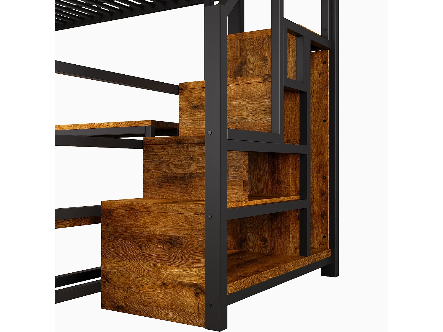 Cama alta 140x200 cm de metal y MDF negro con escritorio, espacios de almacenamiento, LED y puertos USB y Type‑C, sin colchón