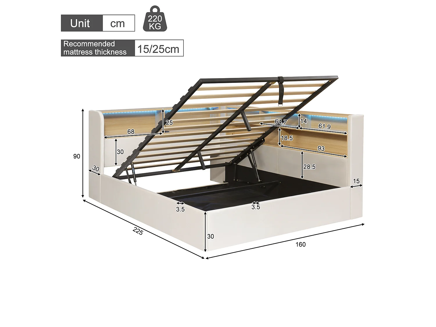 Cama baúl 140x200 cm de terciopelo beige, cabecero con iluminación LED, espacio de almacenamiento, puertos USB y Type‑C, sin colchón