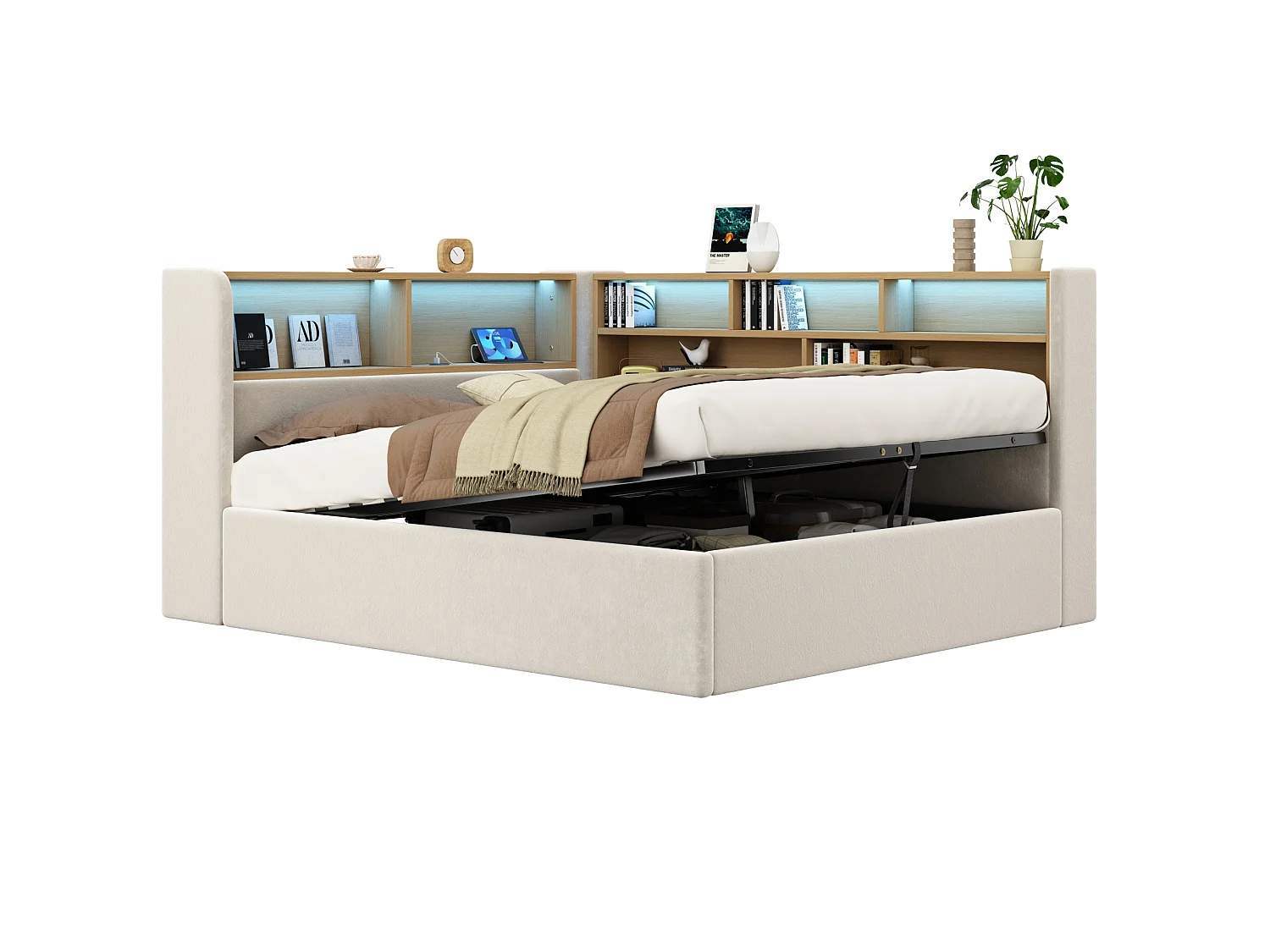 Cama baúl 140x200 cm de terciopelo beige, cabecero con iluminación LED, espacio de almacenamiento, puertos USB y Type‑C, sin colchón