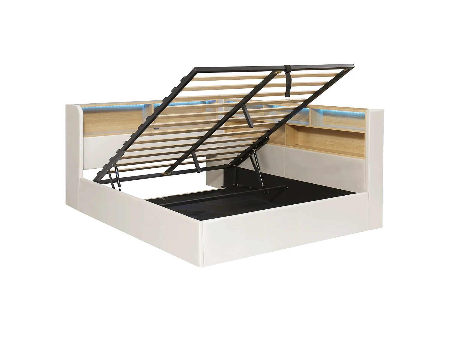 Cama baúl 140x200 cm de terciopelo beige, cabecero con iluminación LED, espacio de almacenamiento, puertos USB y Type‑C, sin colchón