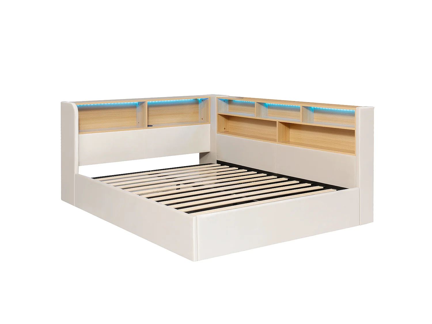 Cama baúl 140x200 cm de terciopelo beige, cabecero con iluminación LED, espacio de almacenamiento, puertos USB y Type‑C, sin colchón