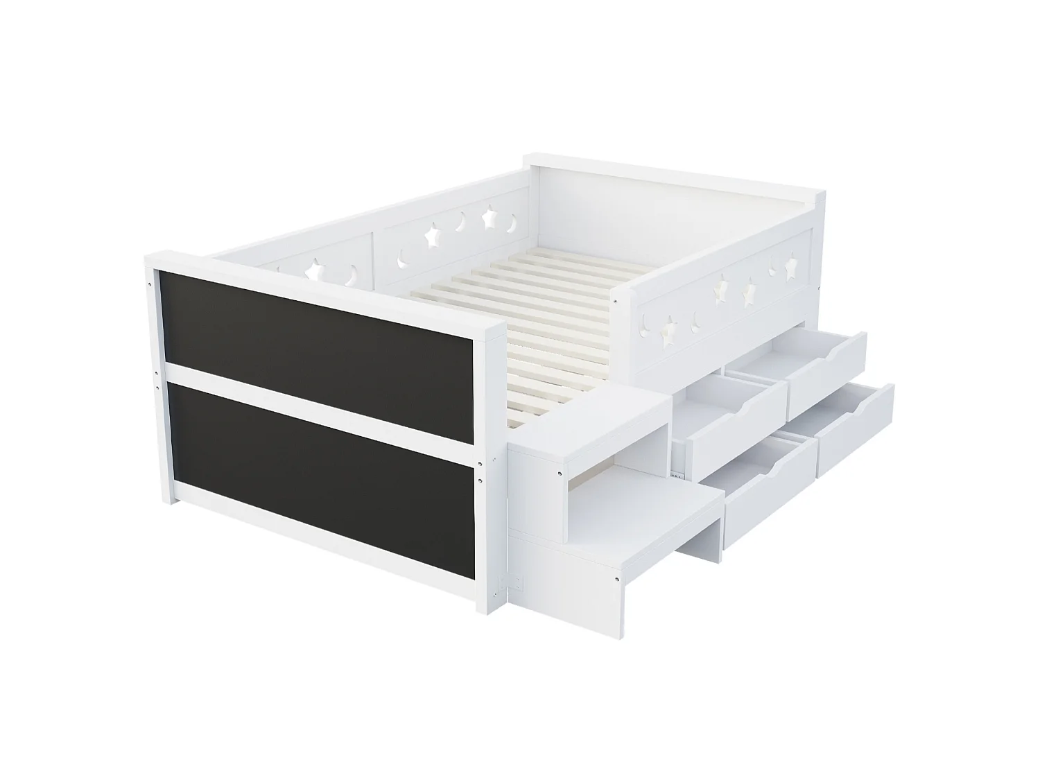 Cama infantil 90x200 cm de madera blanca, 4 cajones, pizarra creativa e iluminación LED, sin colchón