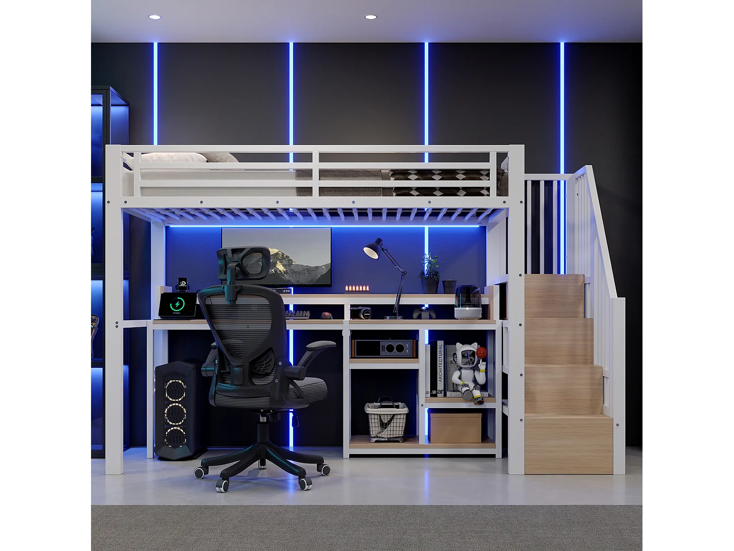 Cama alta 90x200 cm de metal y MDF blanco con escritorio de ordenador, espacios de almacenamiento, LED y puertos USB, sin colchón