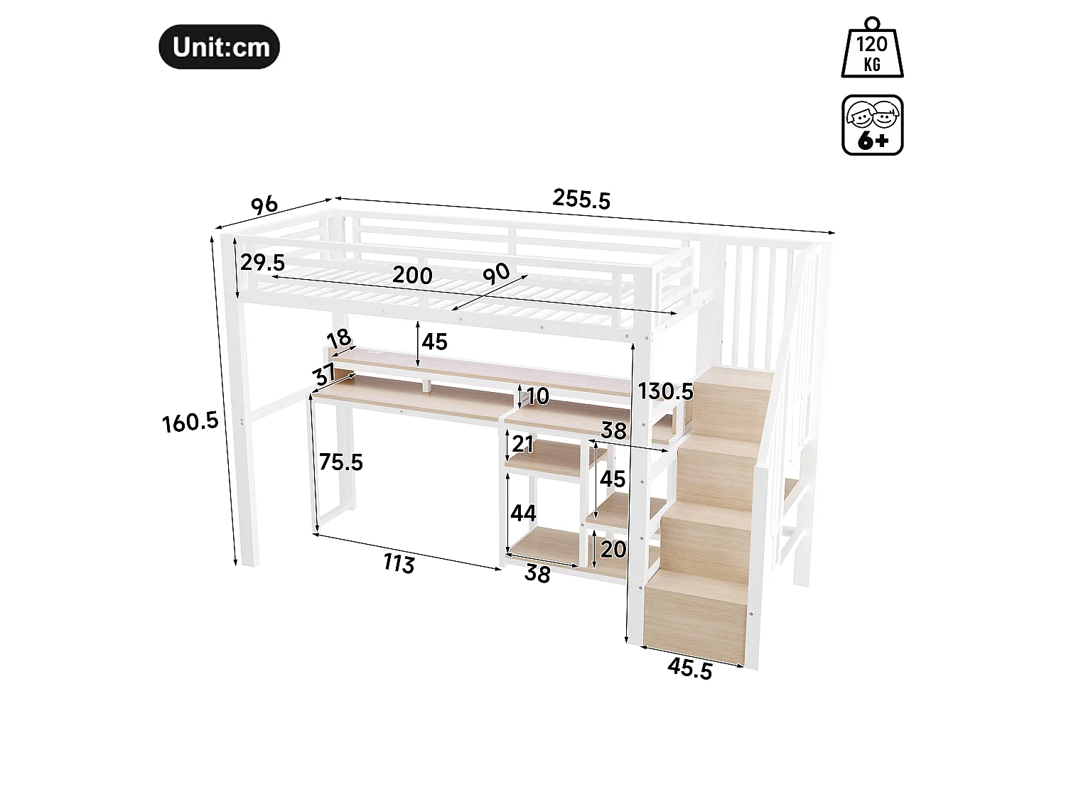 Cama alta 90x200 cm de metal y MDF blanco con escritorio de ordenador, espacios de almacenamiento, LED y puertos USB, sin colchón