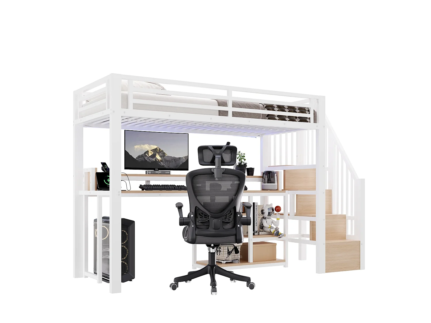 Cama alta 90x200 cm de metal y MDF blanco con escritorio de ordenador, espacios de almacenamiento, LED y puertos USB, sin colchón