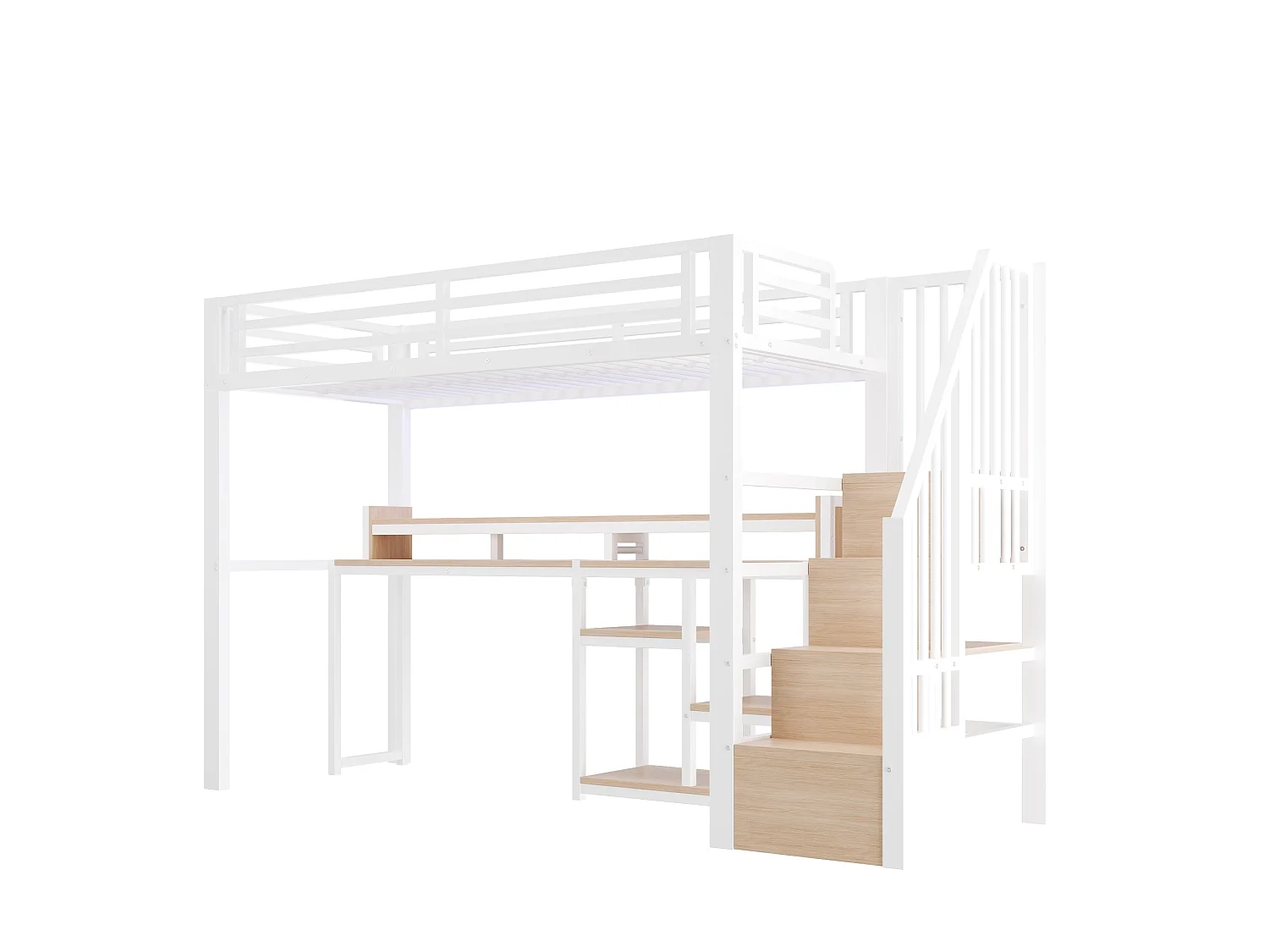 Cama alta 90x200 cm de metal y MDF blanco con escritorio de ordenador, espacios de almacenamiento, LED y puertos USB, sin colchón