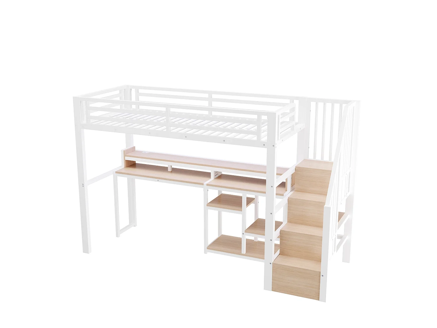 Cama alta 90x200 cm de metal y MDF blanco con escritorio de ordenador, espacios de almacenamiento, LED y puertos USB, sin colchón