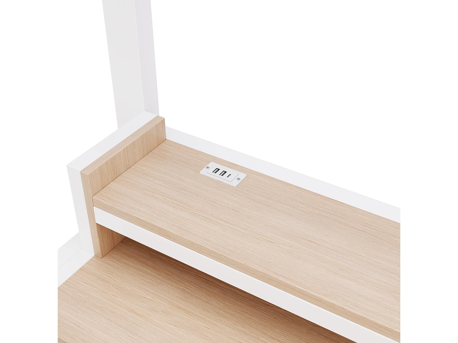 Cama alta 90x200 cm de metal y MDF blanco con escritorio de ordenador, espacios de almacenamiento, LED y puertos USB, sin colchón