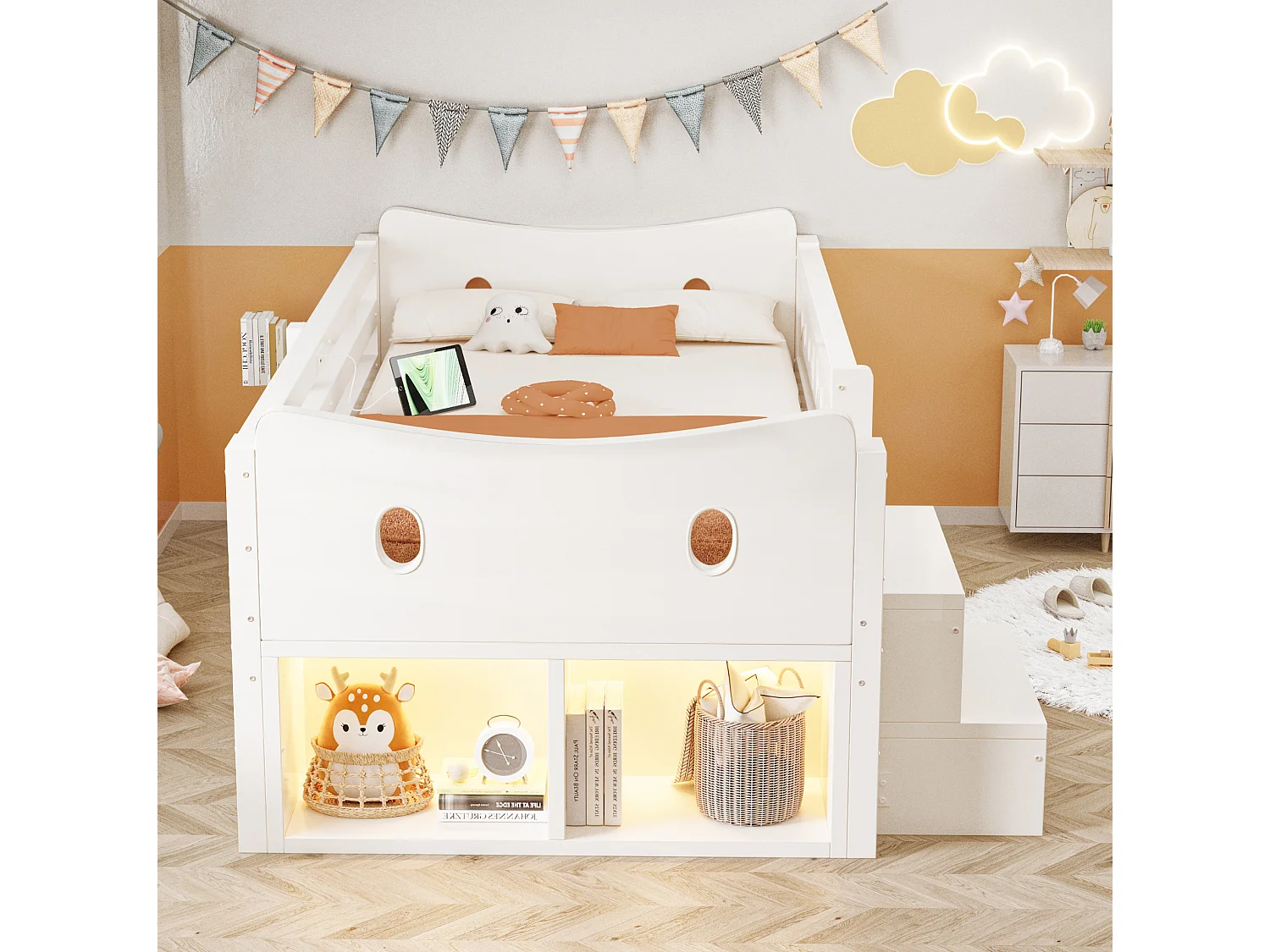 Lit enfant 90x200 cm en bois blanc, 4 tiroirs et 2 niches, éclairage LED, ports USB et Type‑C, sans matelas