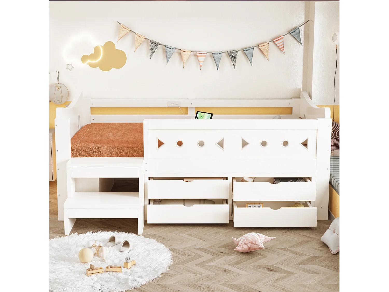 Lit enfant 90x200 cm en bois blanc, 4 tiroirs et 2 niches, éclairage LED, ports USB et Type‑C, sans matelas