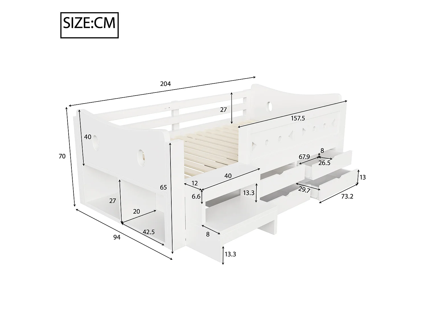 Lit enfant 90x200 cm en bois blanc, 4 tiroirs et 2 niches, éclairage LED, ports USB et Type‑C, sans matelas