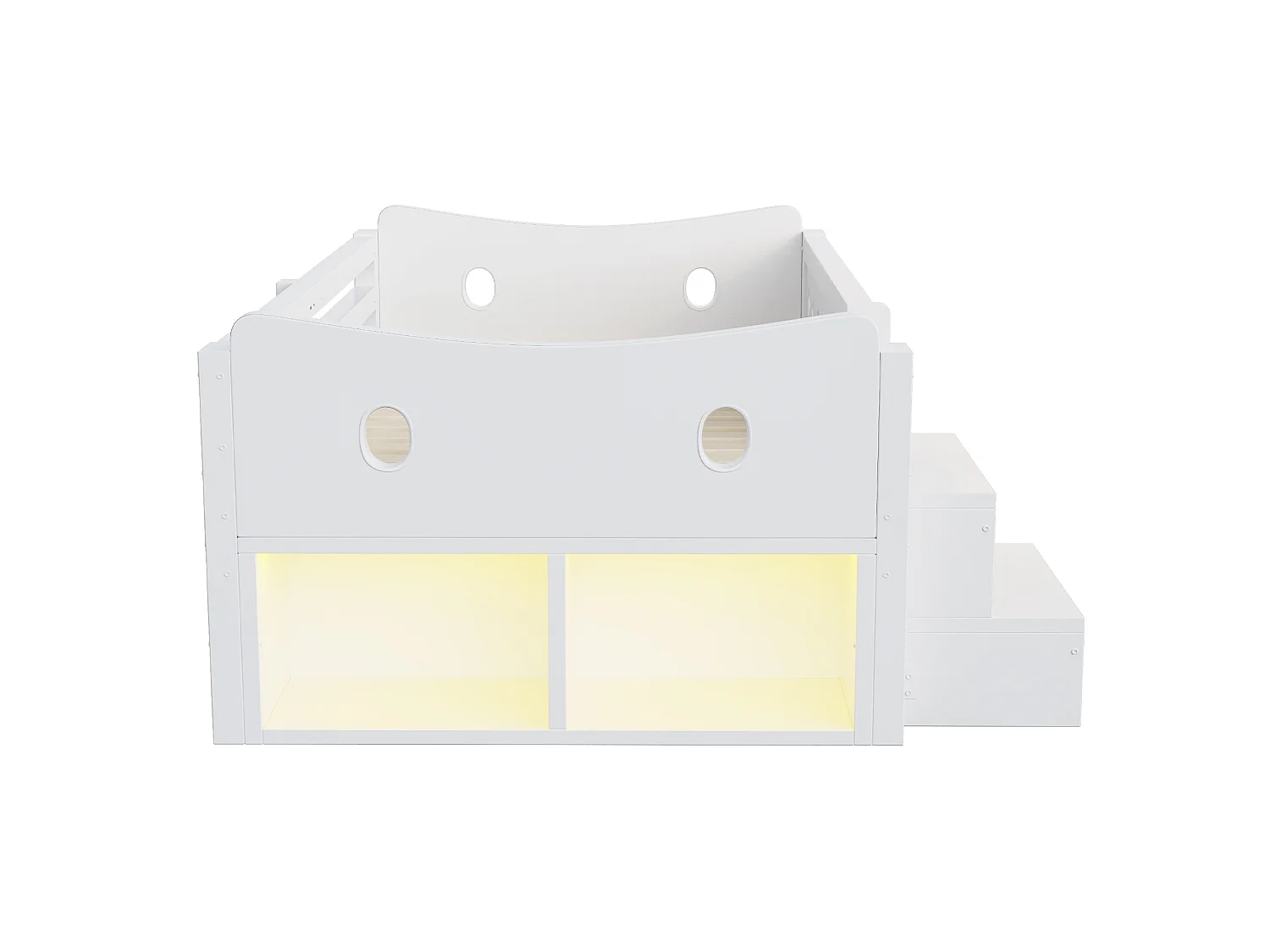 Lit enfant 90x200 cm en bois blanc, 4 tiroirs et 2 niches, éclairage LED, ports USB et Type‑C, sans matelas