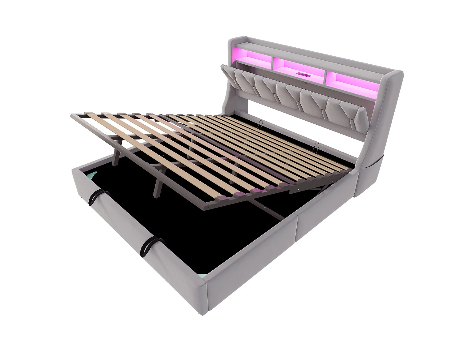 Opbergbed 180x200 cm van lichtgrijs fluweel met opbergruimte in het hoofdeinde, LED‑verlichting, USB‑C‑poorten, zonder matras