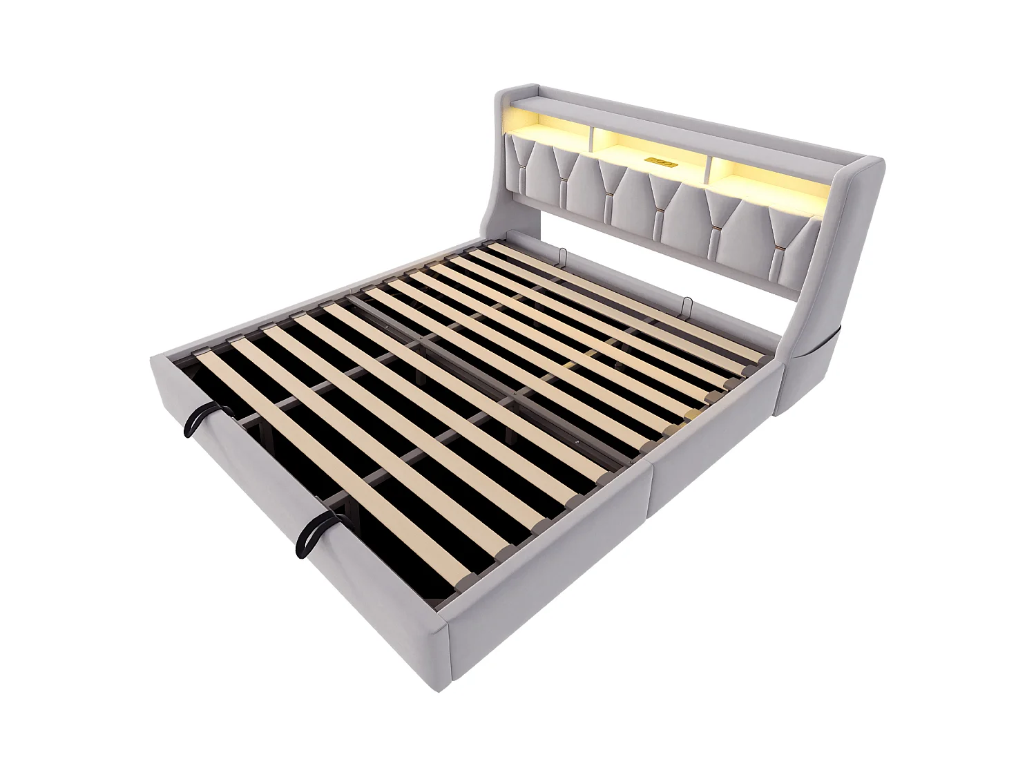 Opbergbed 180x200 cm van lichtgrijs fluweel met opbergruimte in het hoofdeinde, LED‑verlichting, USB‑C‑poorten, zonder matras