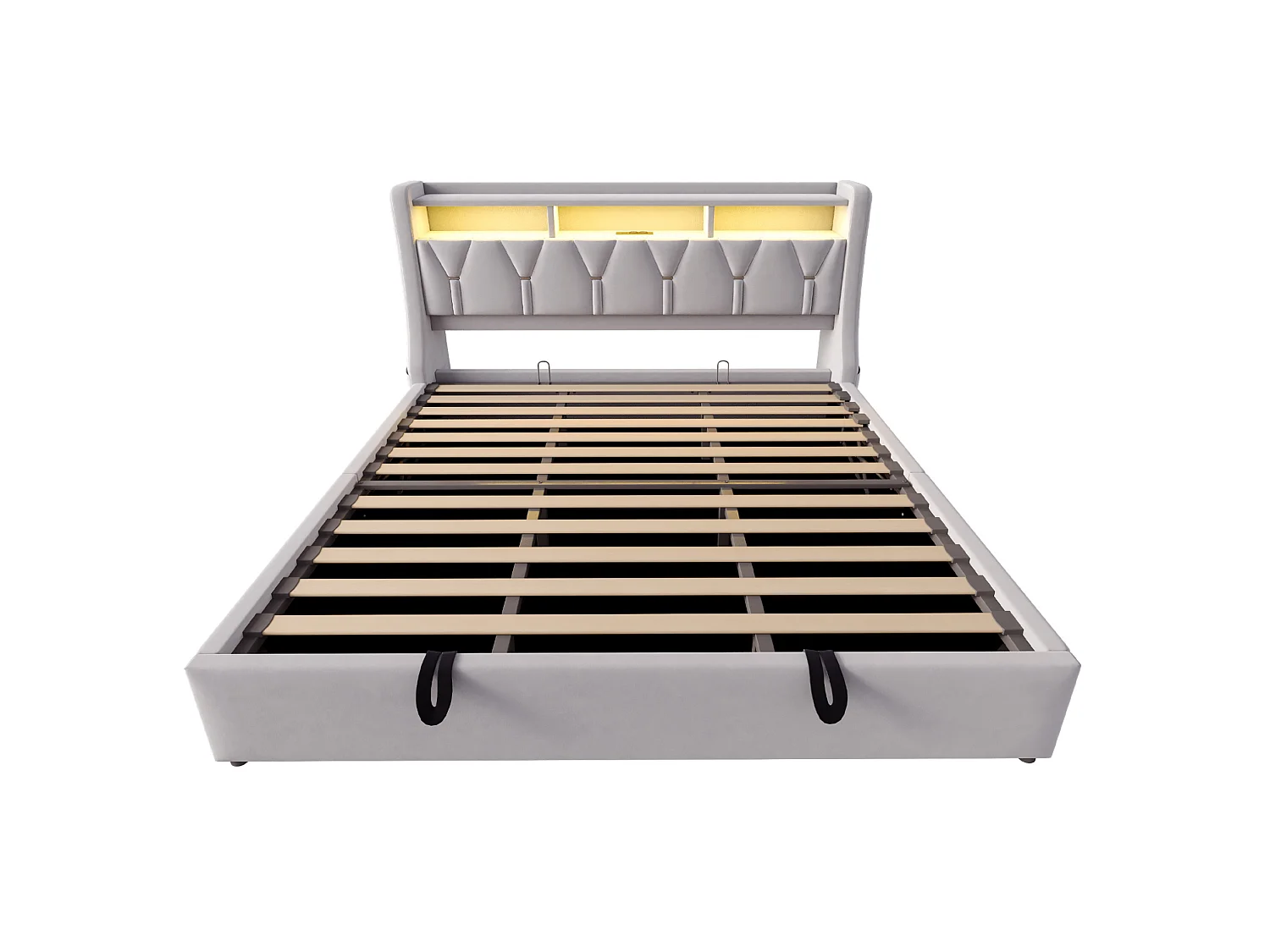 Opbergbed 180x200 cm van lichtgrijs fluweel met opbergruimte in het hoofdeinde, LED‑verlichting, USB‑C‑poorten, zonder matras