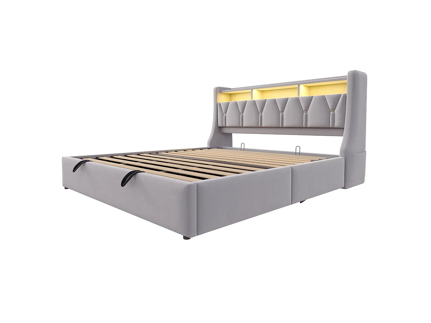 Opbergbed 180x200 cm van lichtgrijs fluweel met opbergruimte in het hoofdeinde, LED‑verlichting, USB‑C‑poorten, zonder matras