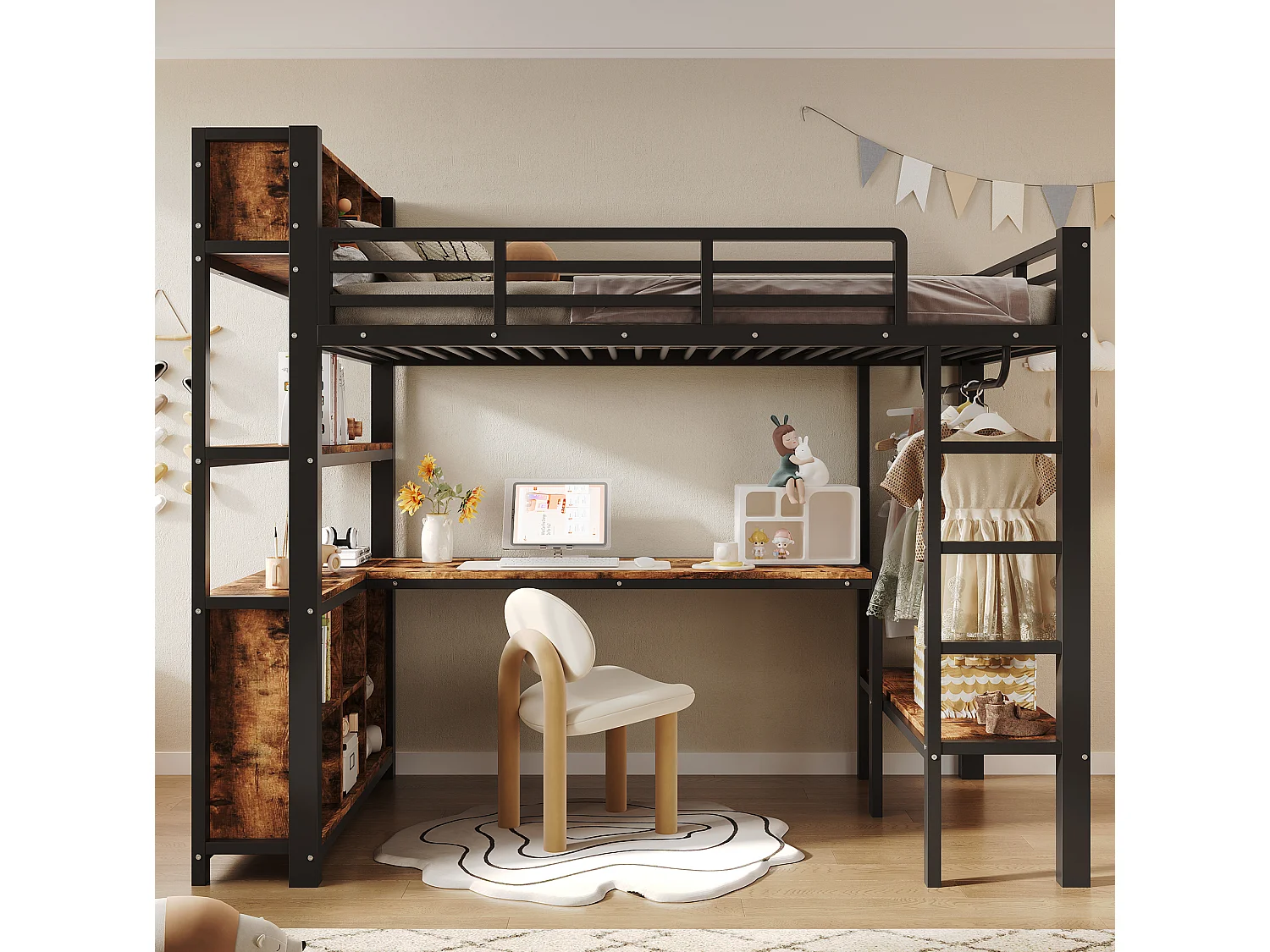 Cama alta 90x200 cm de metal y MDF negro con escritorio, armario colgante y espacios de almacenamiento, sin colchón