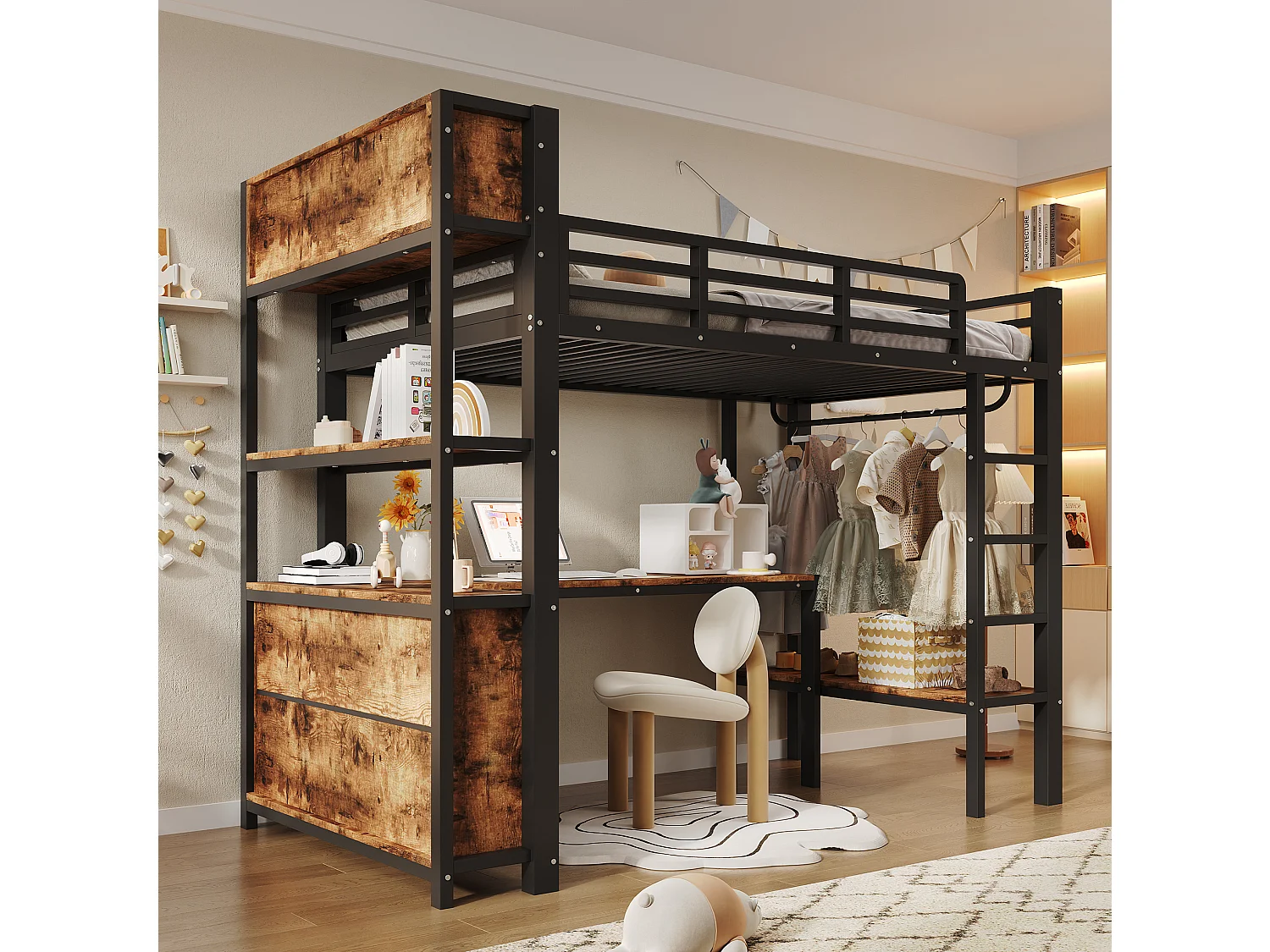 Cama alta 90x200 cm de metal y MDF negro con escritorio, armario colgante y espacios de almacenamiento, sin colchón