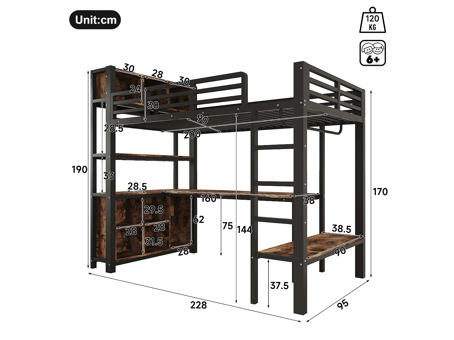 Cama alta 90x200 cm de metal y MDF negro con escritorio, armario colgante y espacios de almacenamiento, sin colchón