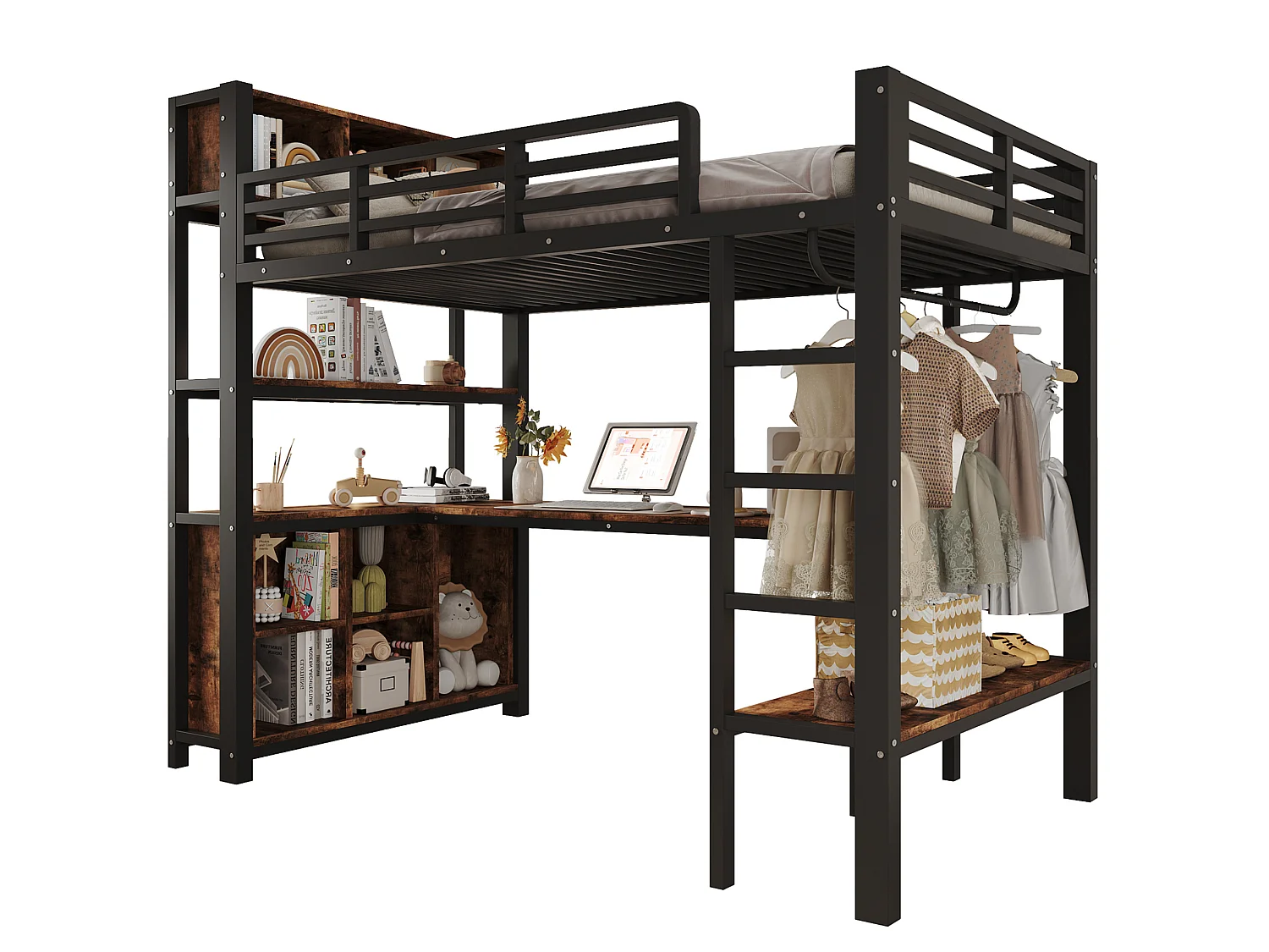 Cama alta 90x200 cm de metal y MDF negro con escritorio, armario colgante y espacios de almacenamiento, sin colchón