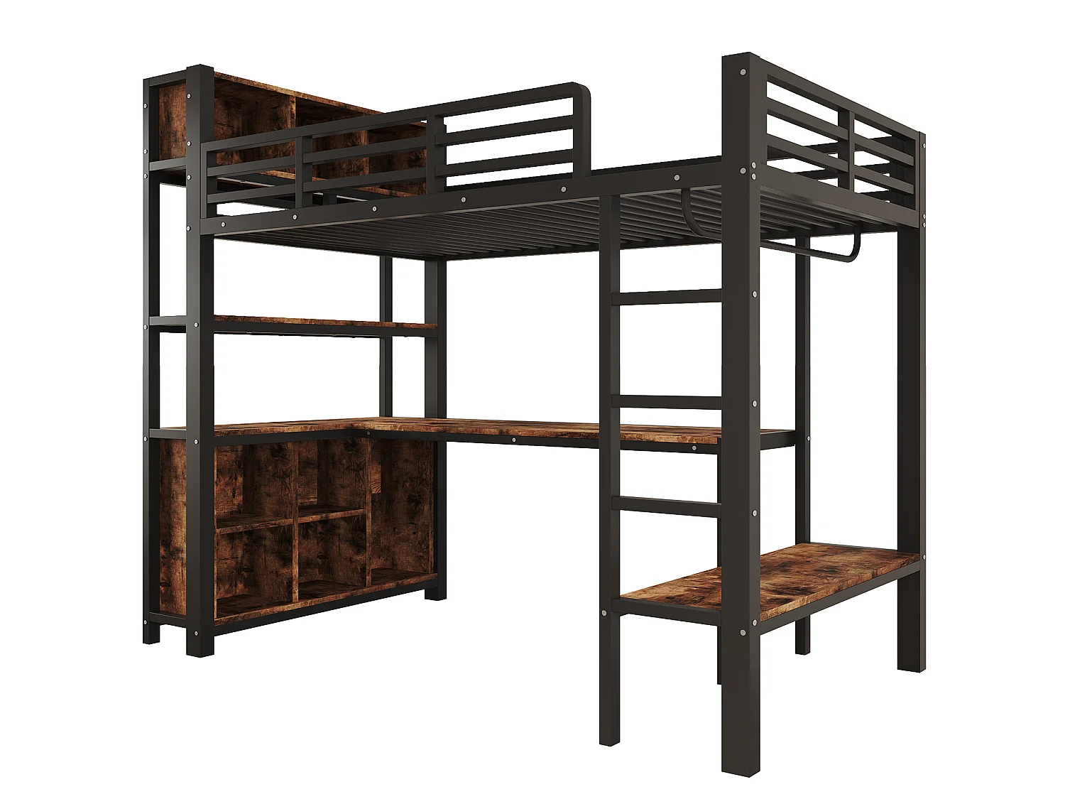 Cama alta 90x200 cm de metal y MDF negro con escritorio, armario colgante y espacios de almacenamiento, sin colchón