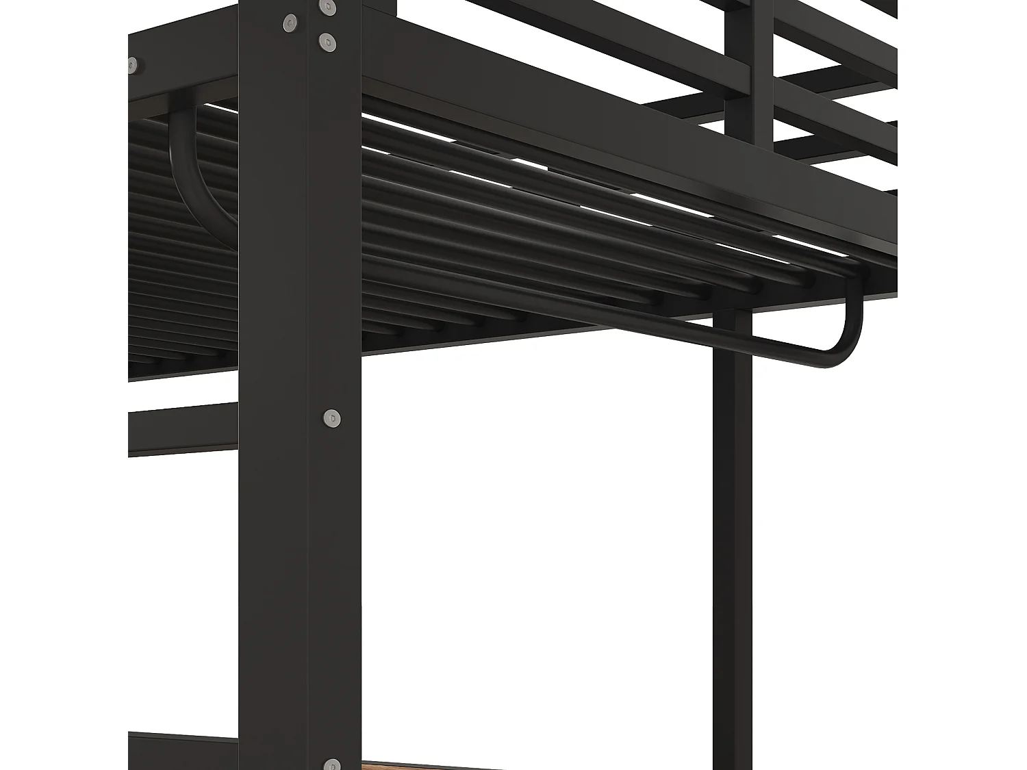 Cama alta 90x200 cm de metal y MDF negro con escritorio, armario colgante y espacios de almacenamiento, sin colchón