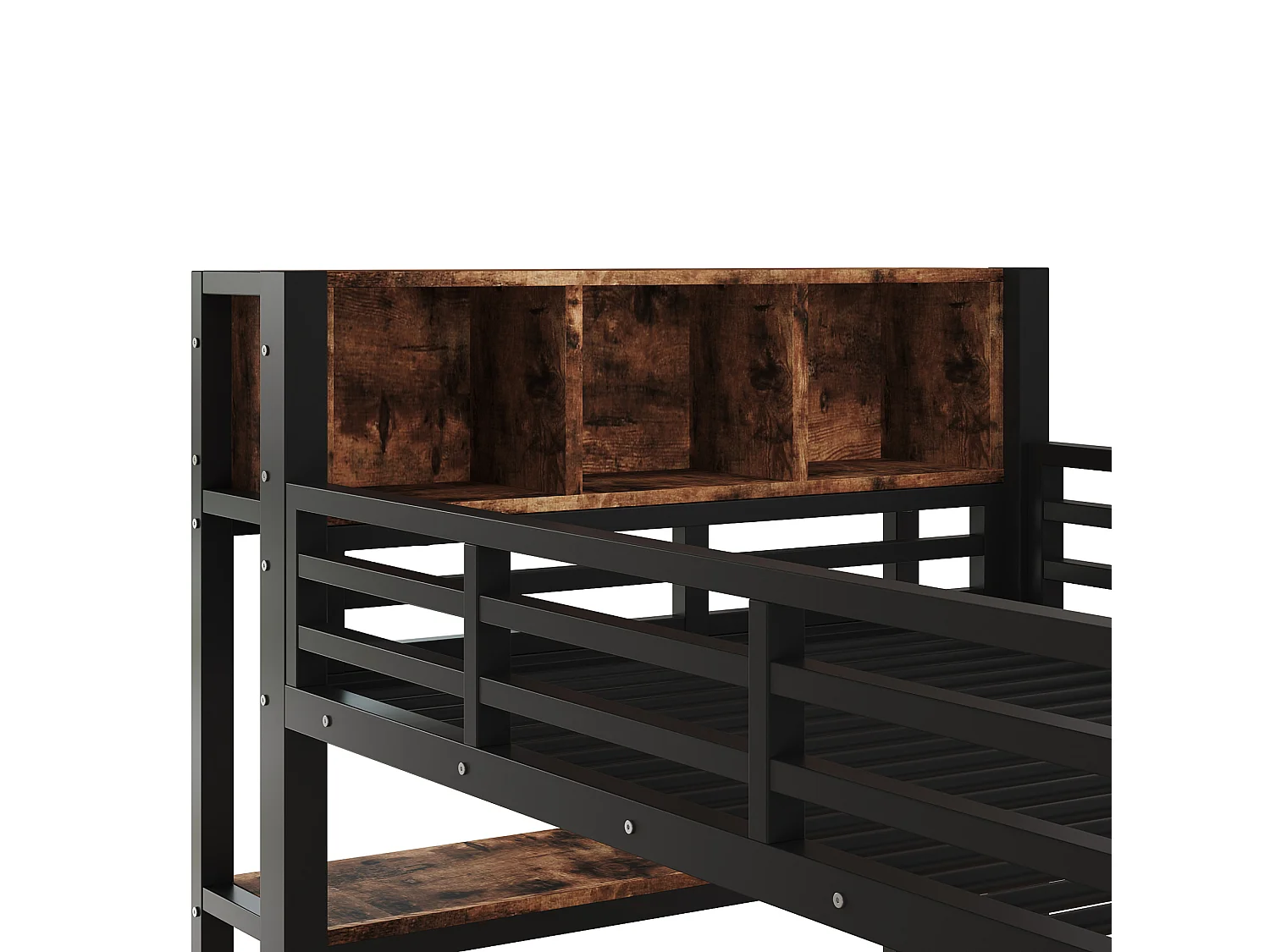 Cama alta 90x200 cm de metal y MDF negro con escritorio, armario colgante y espacios de almacenamiento, sin colchón
