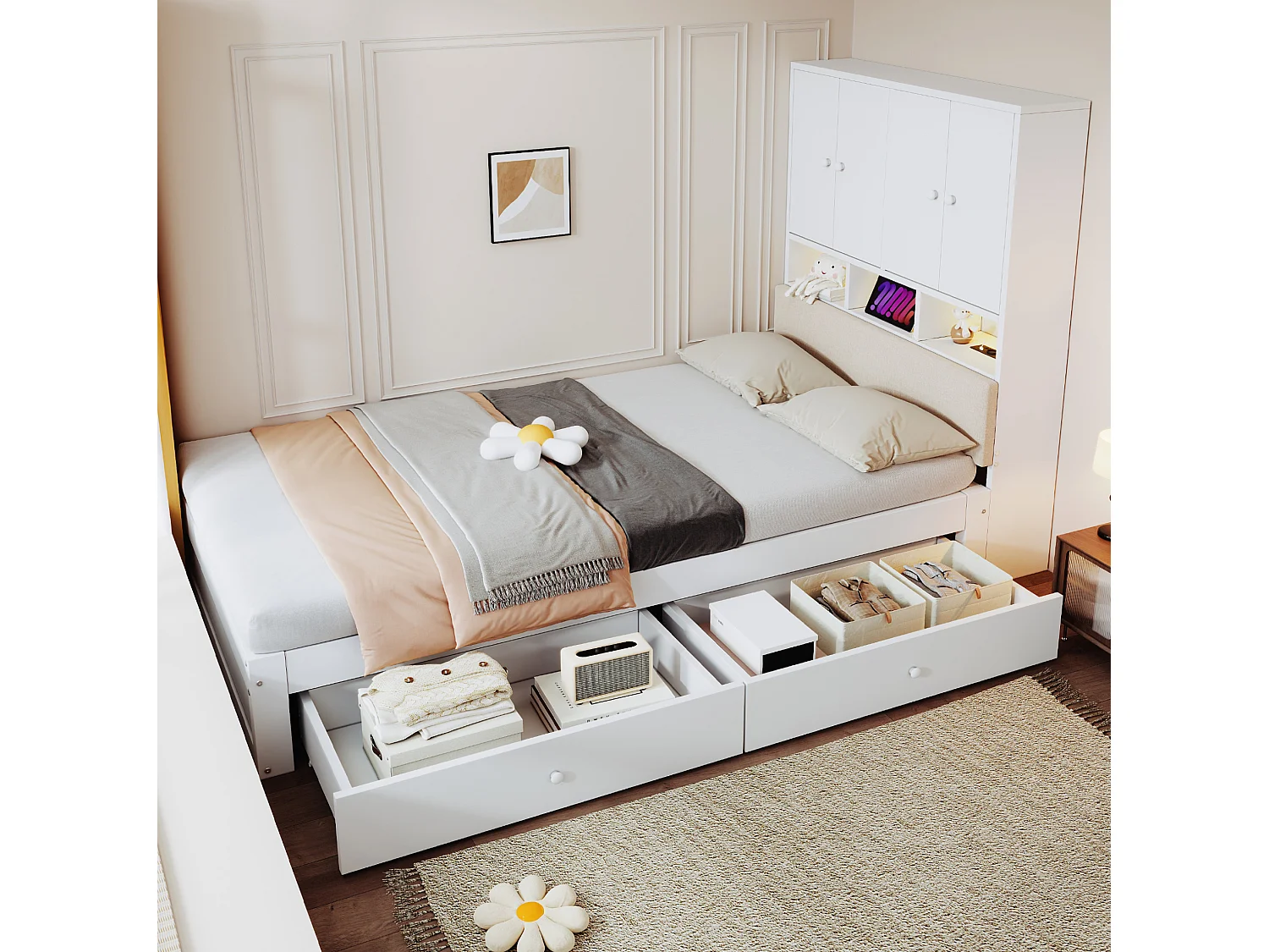 Lit enfant 90x200 cm en bois blanc avec tête de lit avec rangement, éclairage LED, 2 tiroirs, prise, sans matelas
