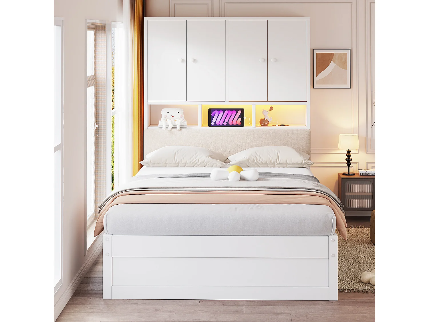 Lit enfant 90x200 cm en bois blanc avec tête de lit avec rangement, éclairage LED, 2 tiroirs, prise, sans matelas
