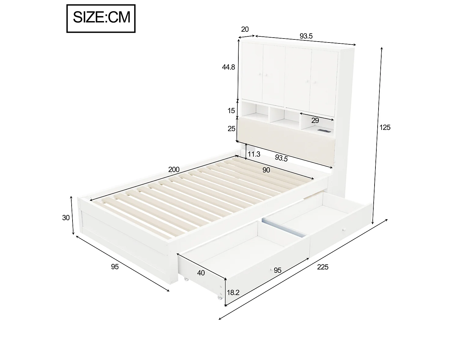 Lit enfant 90x200 cm en bois blanc avec tête de lit avec rangement, éclairage LED, 2 tiroirs, prise, sans matelas