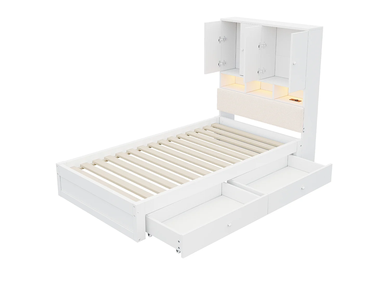 Lit enfant 90x200 cm en bois blanc avec tête de lit avec rangement, éclairage LED, 2 tiroirs, prise, sans matelas