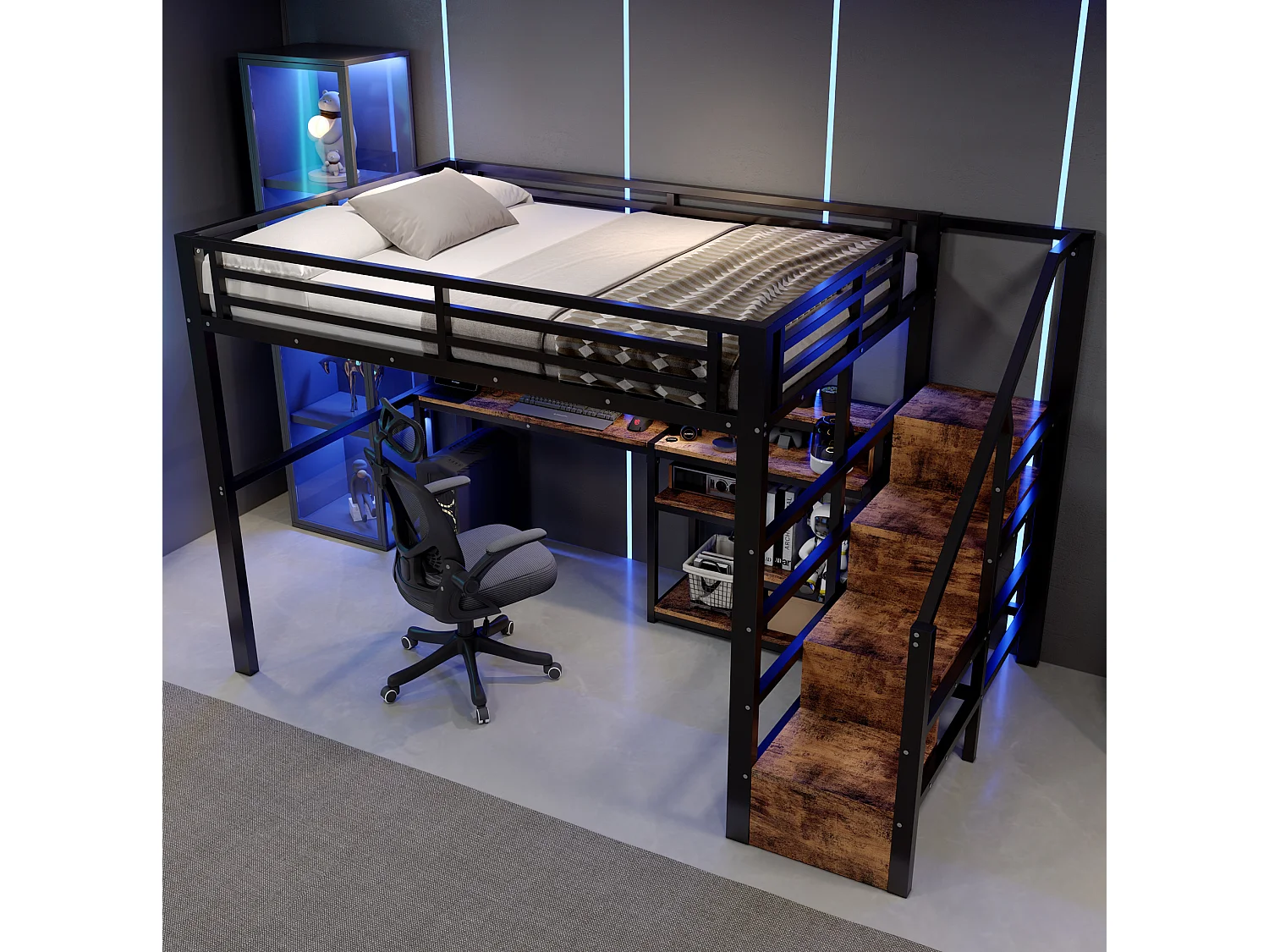 Cama alta 140x200 cm de metal y MDF negro con escritorio de ordenador, espacios de almacenamiento, LED y puertos USB, sin colchón