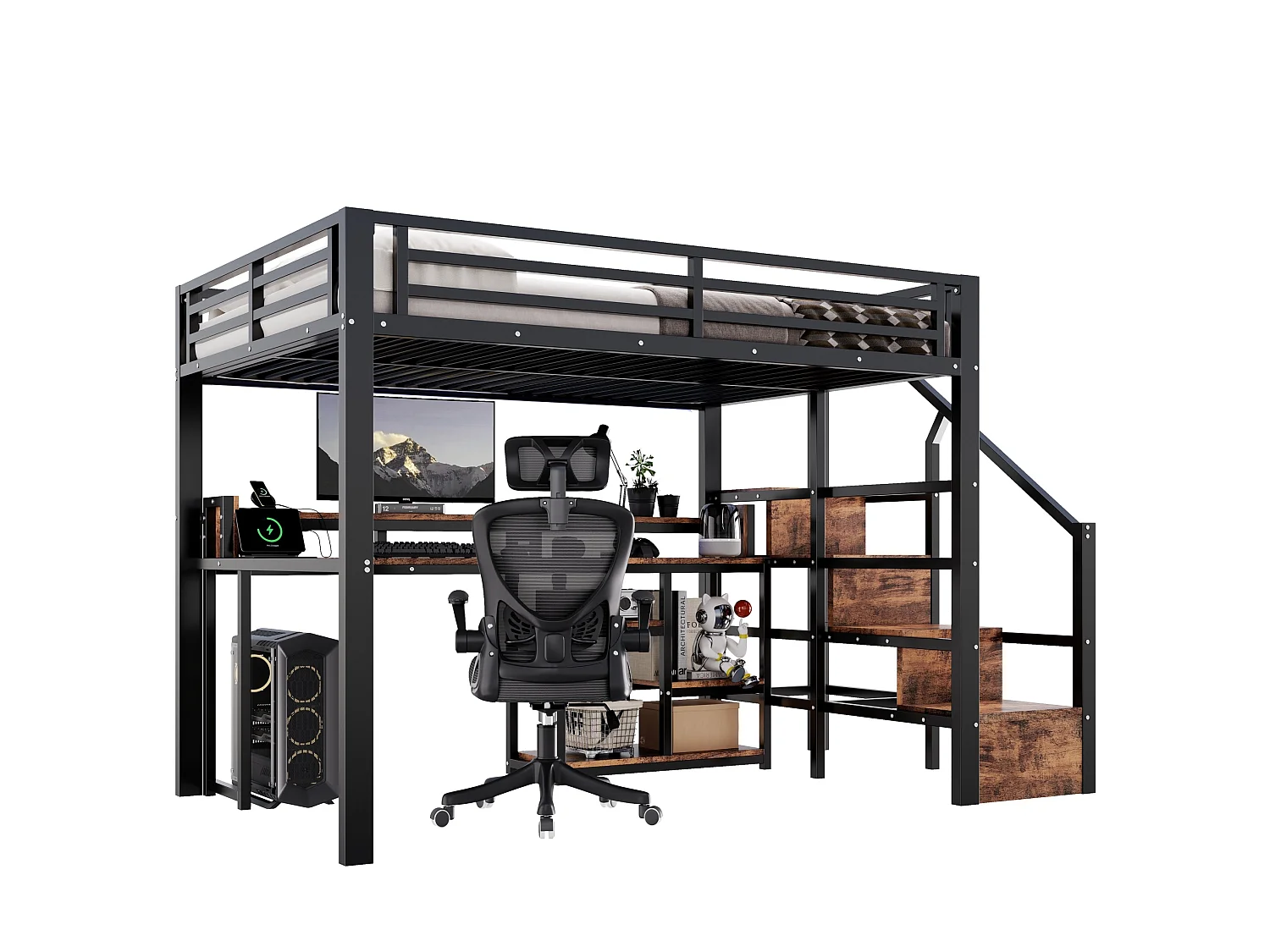 Cama alta 140x200 cm de metal y MDF negro con escritorio de ordenador, espacios de almacenamiento, LED y puertos USB, sin colchón