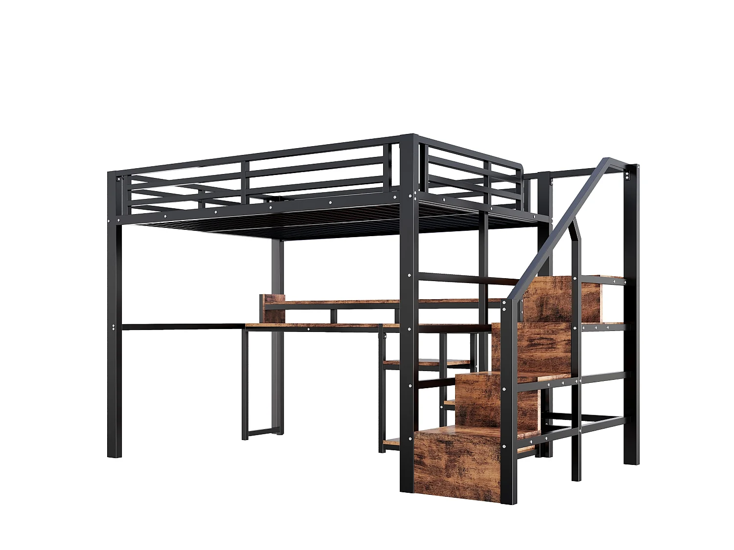 Cama alta 140x200 cm de metal y MDF negro con escritorio de ordenador, espacios de almacenamiento, LED y puertos USB, sin colchón