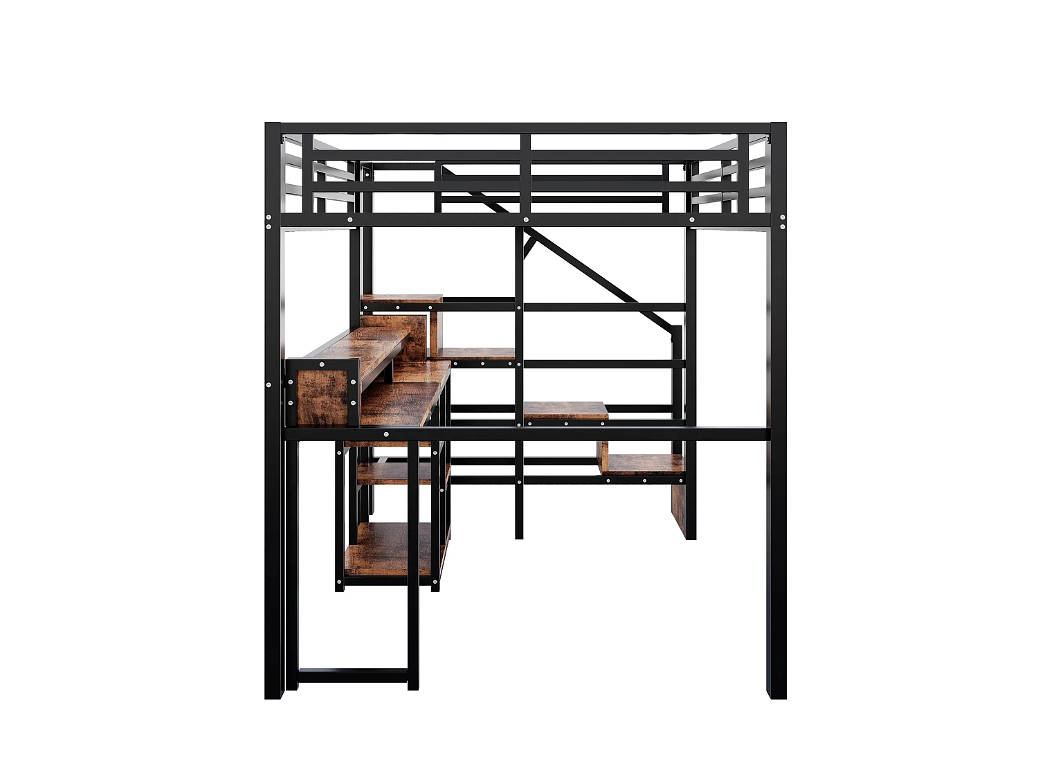 Cama alta 140x200 cm de metal y MDF negro con escritorio de ordenador, espacios de almacenamiento, LED y puertos USB, sin colchón