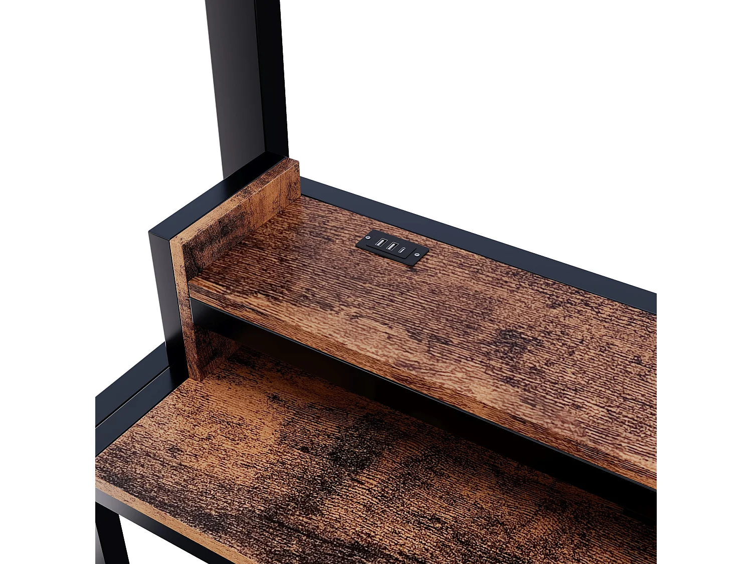 Cama alta 140x200 cm de metal y MDF negro con escritorio de ordenador, espacios de almacenamiento, LED y puertos USB, sin colchón