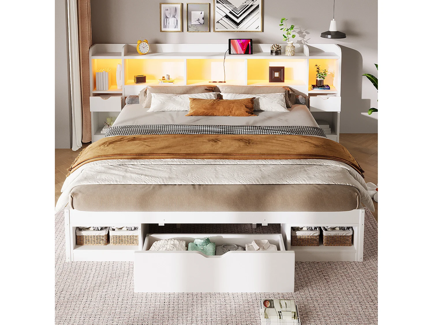 Letto contenitore 180x200 cm in legno bianco con testiera contenitore, illuminazione LED, porta USB e 3 cassetti, senza materasso