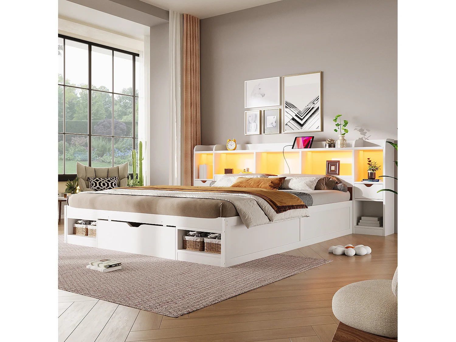 Letto contenitore 180x200 cm in legno bianco con testiera contenitore, illuminazione LED, porta USB e 3 cassetti, senza materasso