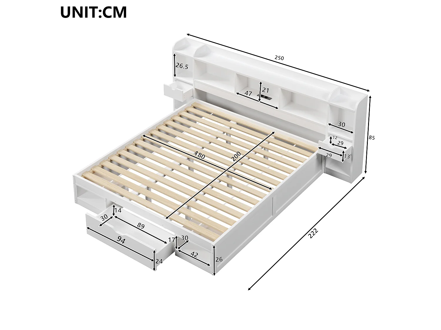 Letto contenitore 180x200 cm in legno bianco con testiera contenitore, illuminazione LED, porta USB e 3 cassetti, senza materasso