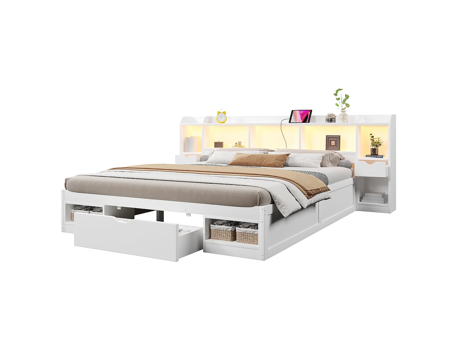 Letto contenitore 180x200 cm in legno bianco con testiera contenitore, illuminazione LED, porta USB e 3 cassetti, senza materasso