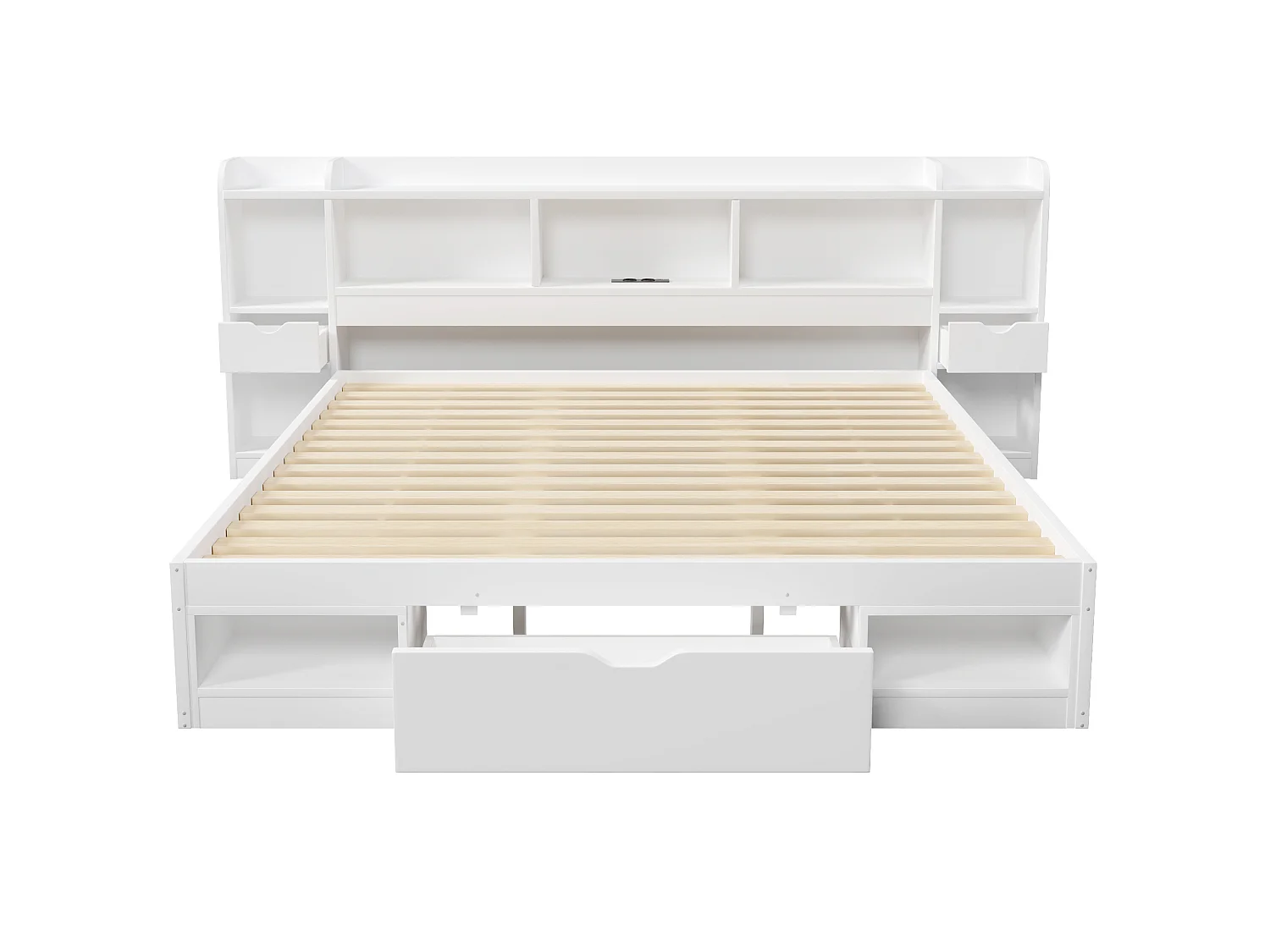 Letto contenitore 180x200 cm in legno bianco con testiera contenitore, illuminazione LED, porta USB e 3 cassetti, senza materasso