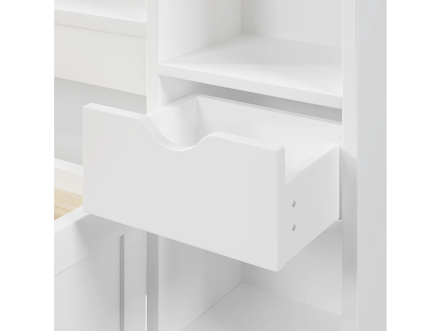 Letto contenitore 180x200 cm in legno bianco con testiera contenitore, illuminazione LED, porta USB e 3 cassetti, senza materasso