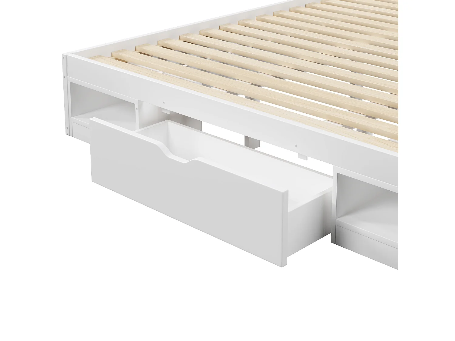 Letto contenitore 180x200 cm in legno bianco con testiera contenitore, illuminazione LED, porta USB e 3 cassetti, senza materasso