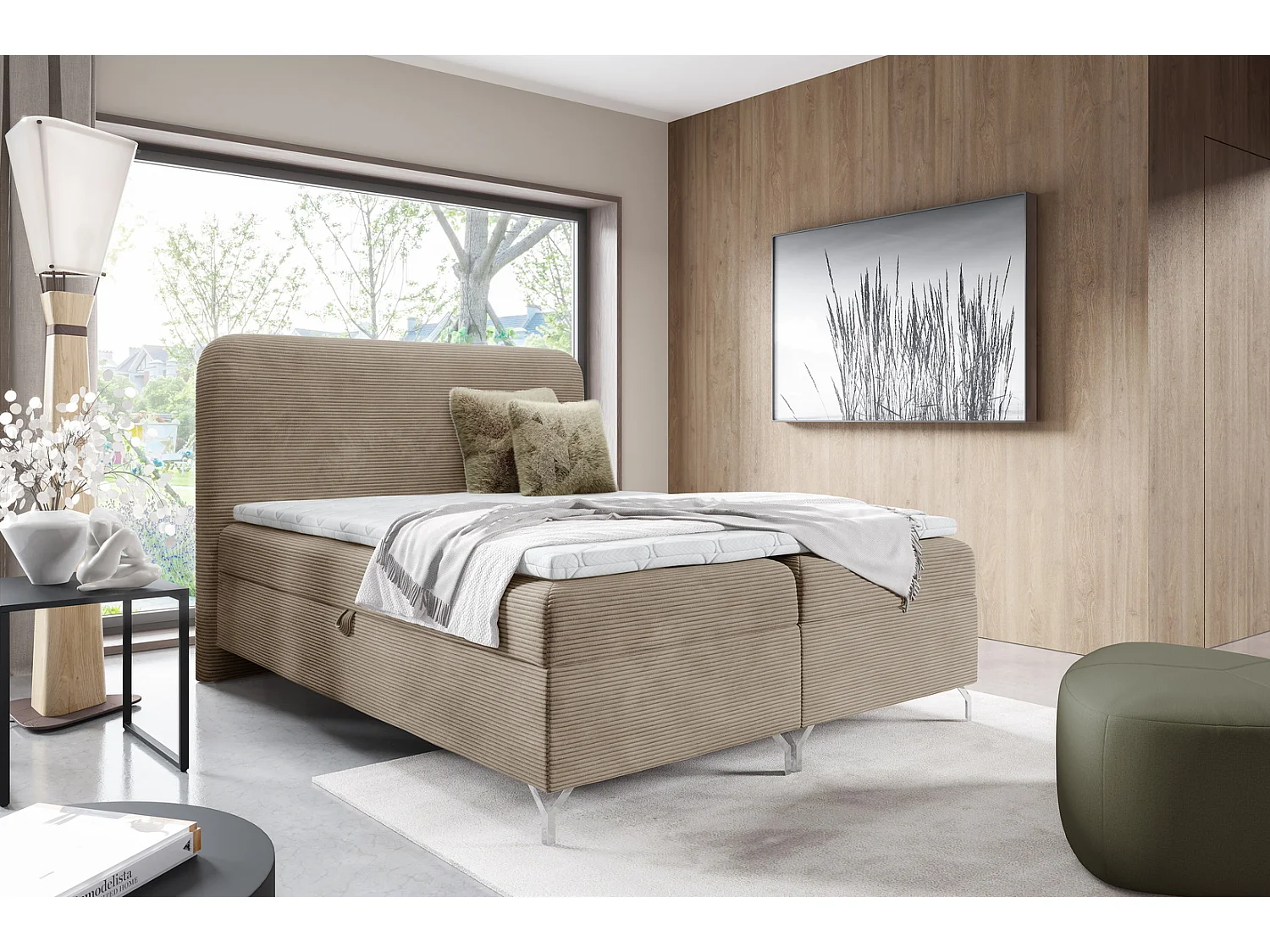 Boxspringbed 180x200 cm Rotos met matras, ribfluweel, twee opbergruimtes, tweepersoonsbed op poten, Beige