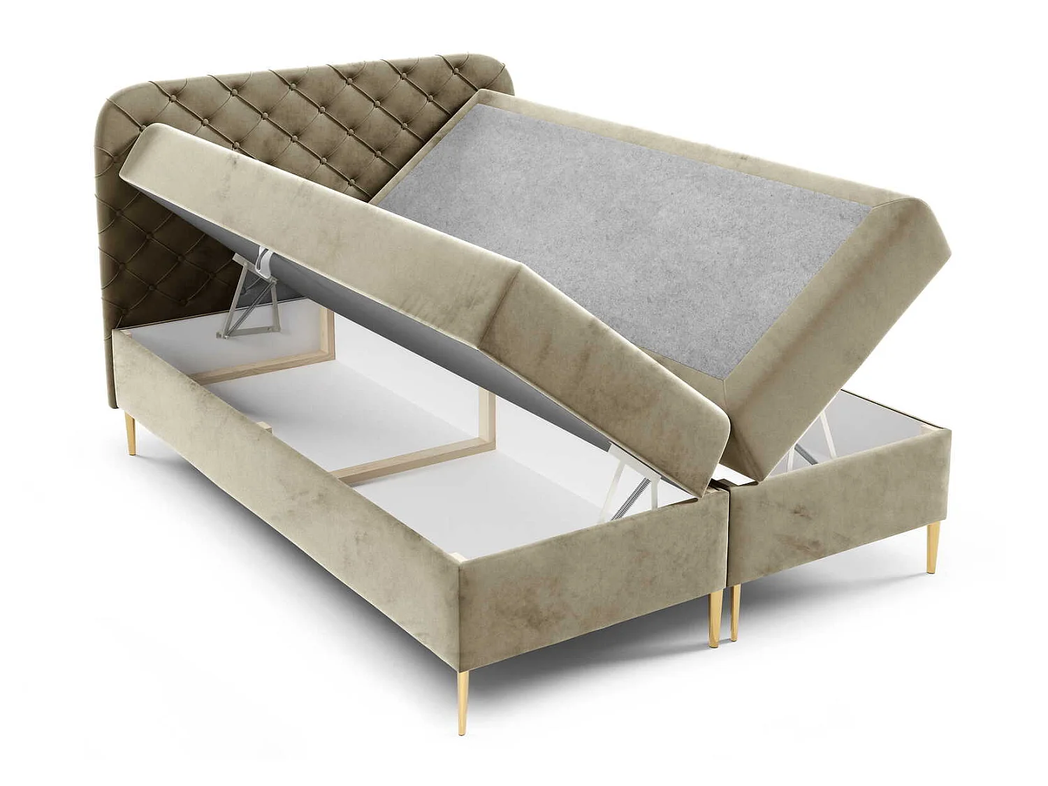 Łóżko kontynentalne 180x200 Elara, chesterfield, z pojemnikiem i materacem H3, jasny brąz