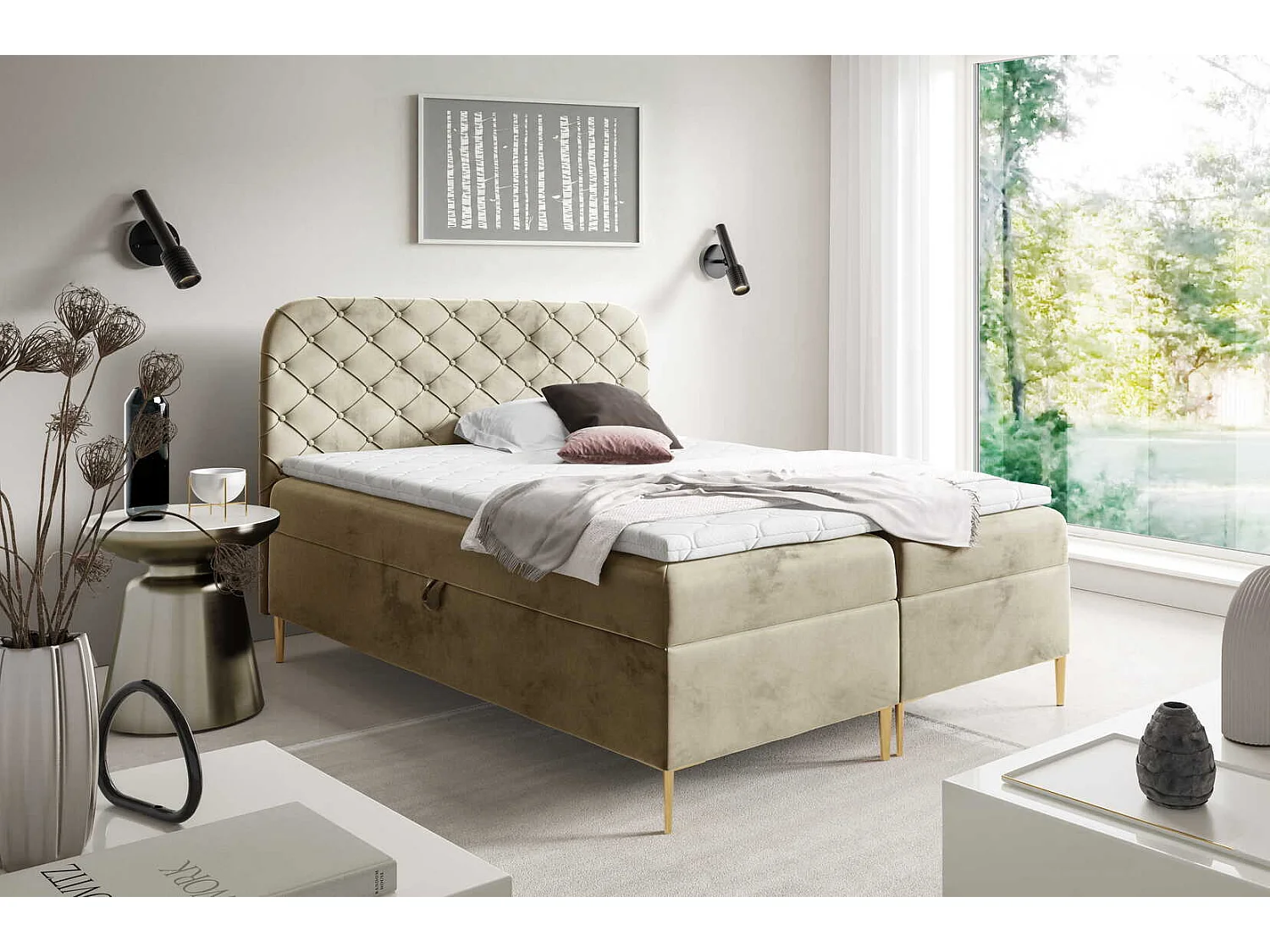 Łóżko kontynentalne 200x200 Elara, chesterfield, z pojemnikiem i materacem H3, jasny brąz