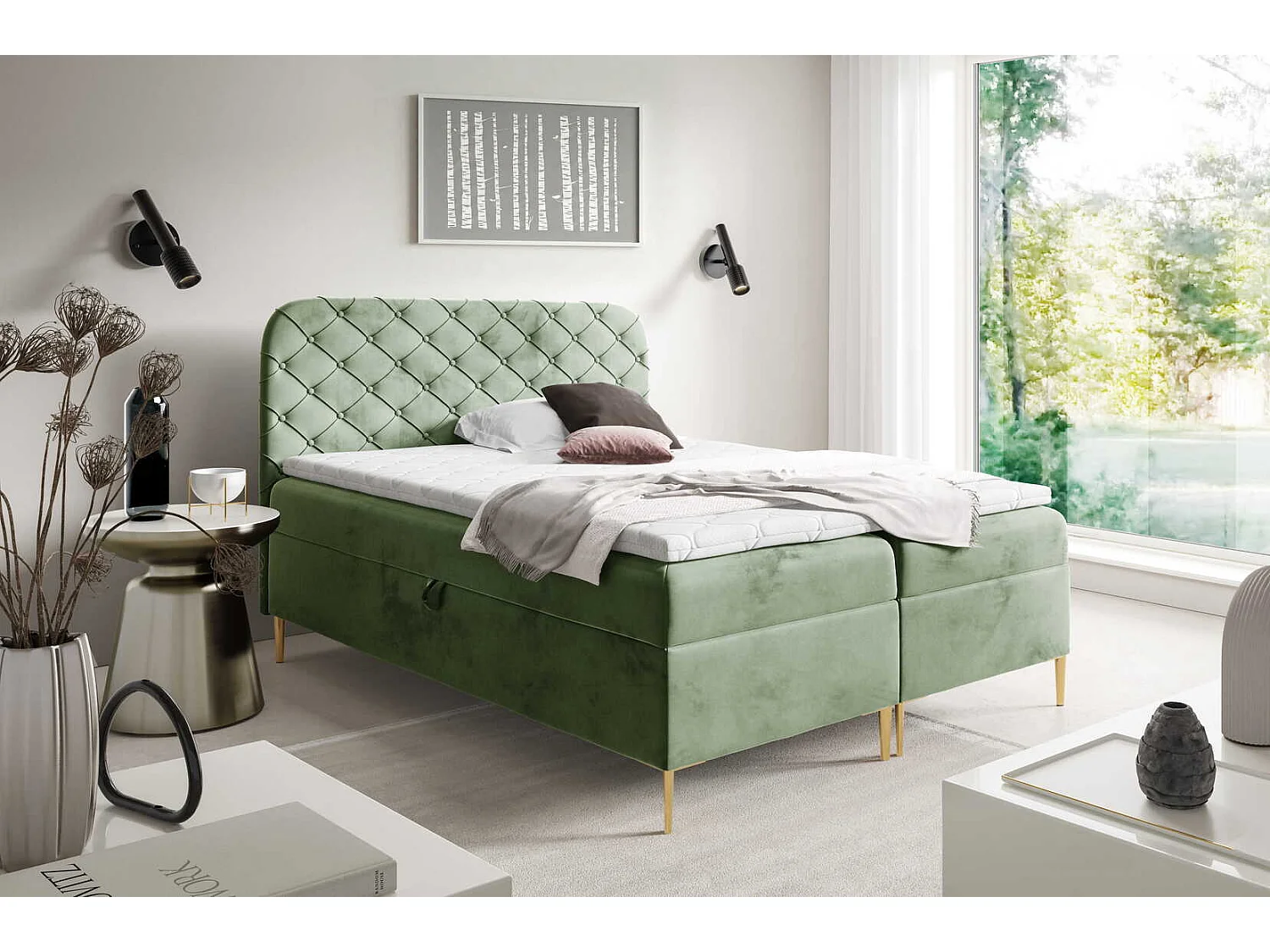 Łóżko kontynentalne 180x200 Elara, chesterfield, z pojemnikiem i materacem H3, khaki